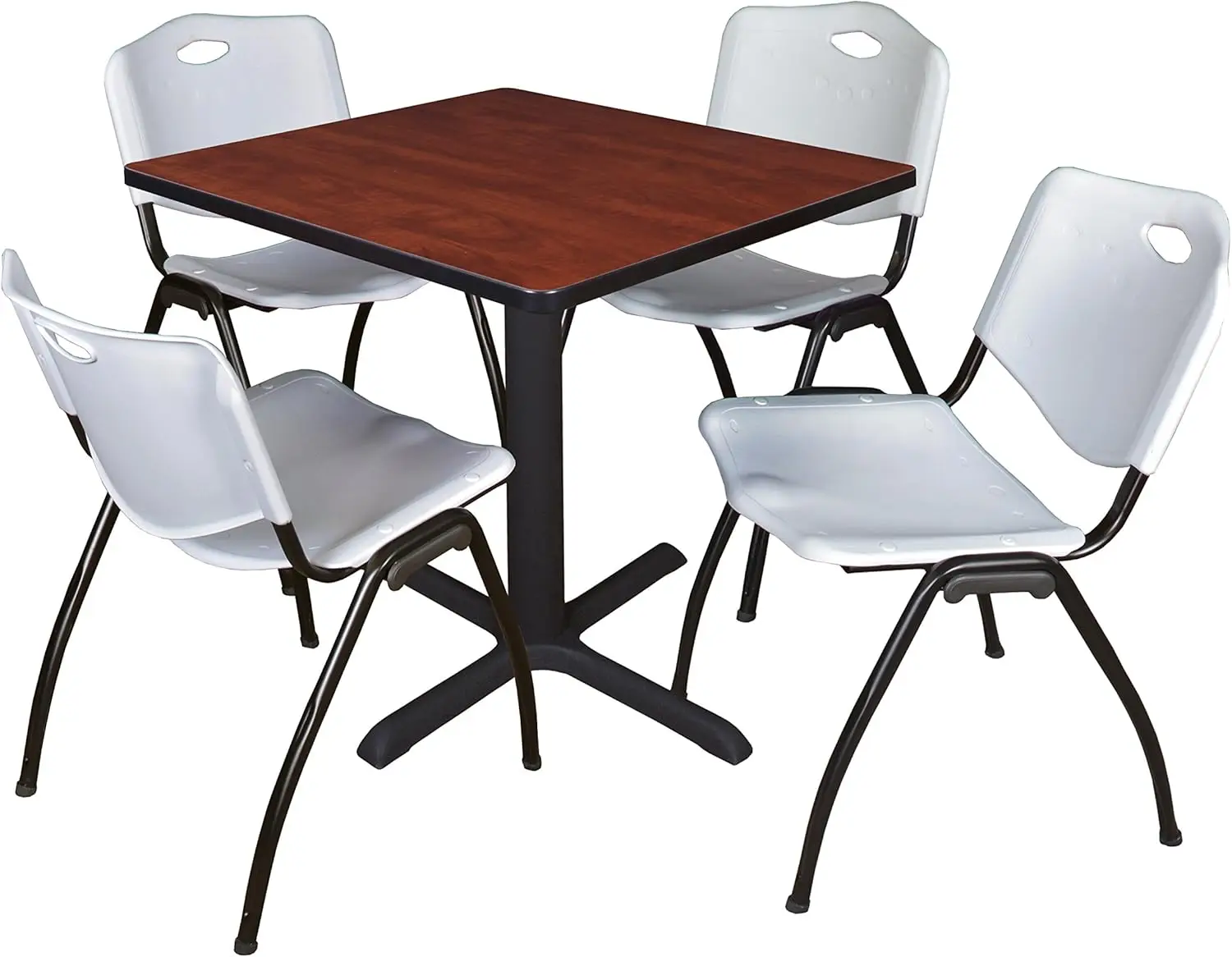 Cain 30"" Square Breakroom Table- Cherry & 4 'M' Stack Chairs- Grey