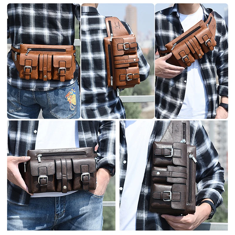 Waist Pack Chest Bag for Man PU Leather Wallet Hip Sack Fanny Pack Cross Shoulder Necessaire Crossbody Side Men'S Belt Bag Male