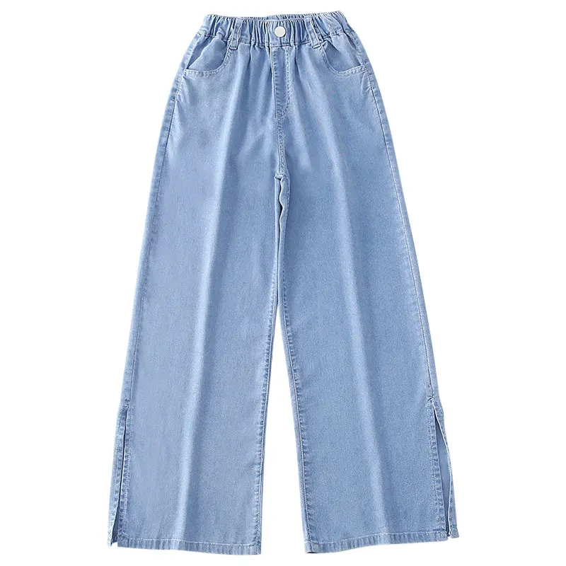 Tienermeisjes Zomer Elastische Taille Wijde Pijpen Broek Losse Zachte Mode Split Denim Broek Studenten Jeans 6 8 10 12 13 14 Jaar Oud