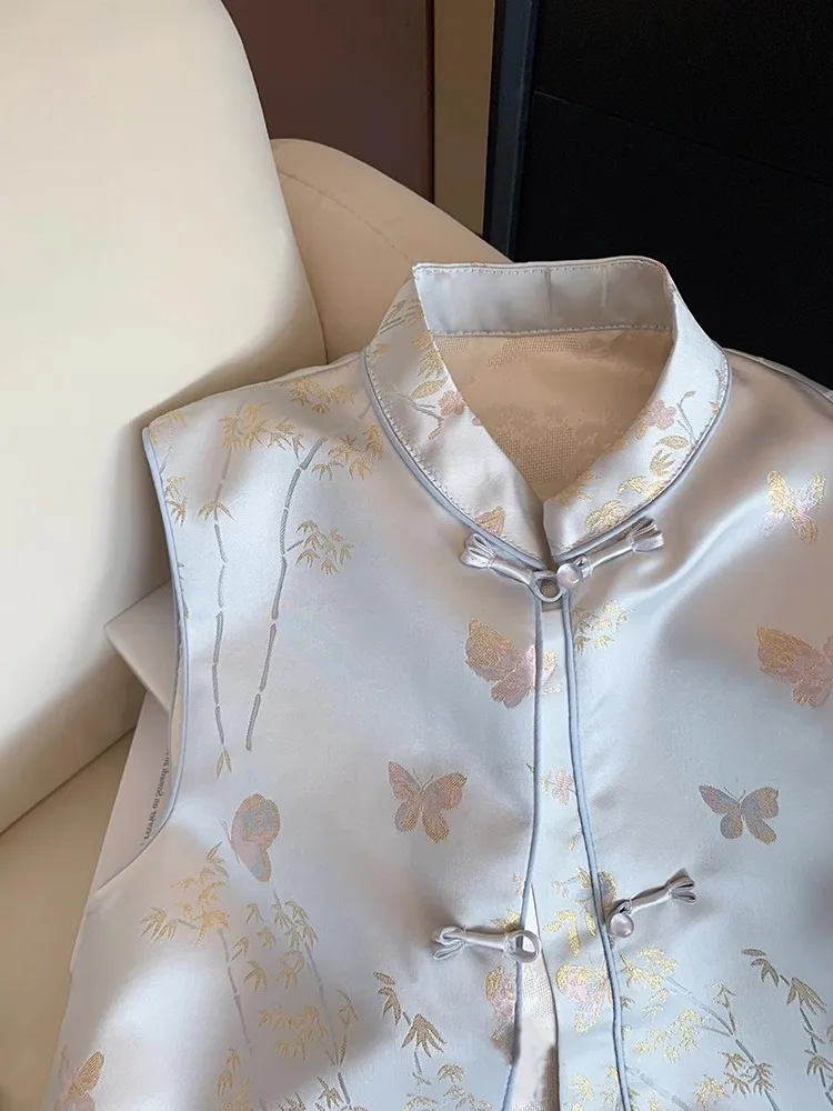 

Новый китайский Sle National Spirit, жилет с воротником-стойкой, майка для мужчин и женщин, осень, высококачественный цветочный узор, вышивка, без S...