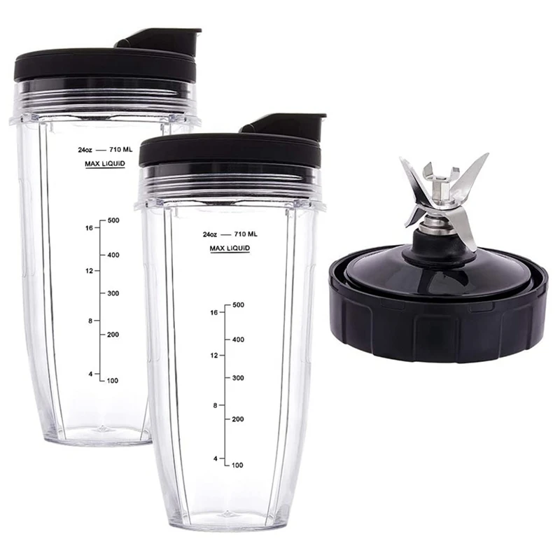 24Oz Cups With To-Go Lids, 7 Fins Extractor Blade, For Nutri Ninja Auto IQ BN801 SS101 BL480-30 BL641 BL642-30 Blender