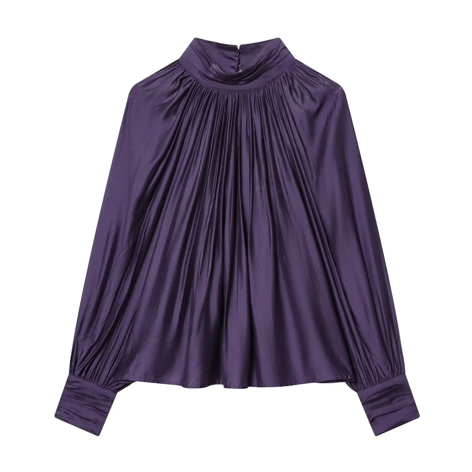 BSAY 2026 Französische Minimalistische Damen-Satinbluse mit Stehkragen, gerafftem Design, Laternenärmeln, lockerem Schnitt, glänzend, elegant, für Bürokleidung, Oberteil – Detail 7