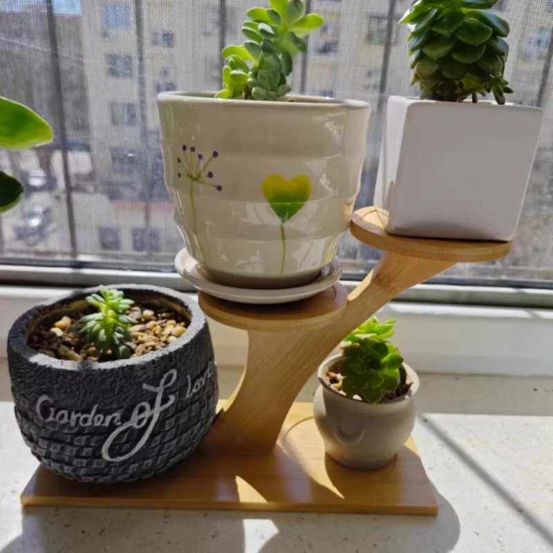 قطعة واحدة من حامل الخيزران بطبقتين، رف من الخيزران للمنزل/المكتب، تصميم مدمج، مثالي لديكور سطح المكتب والشرفة في المنزل والمكتب #6