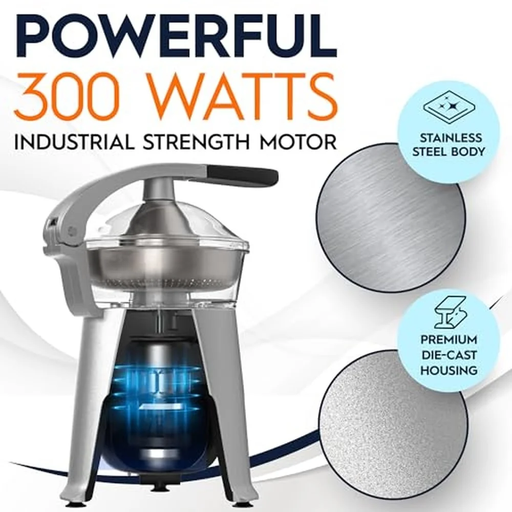 Die Cast Stainless Steel Electric Citrus Juicer Squeezer for Orange Lemon Grapefruit 300 Watts of Power With 2