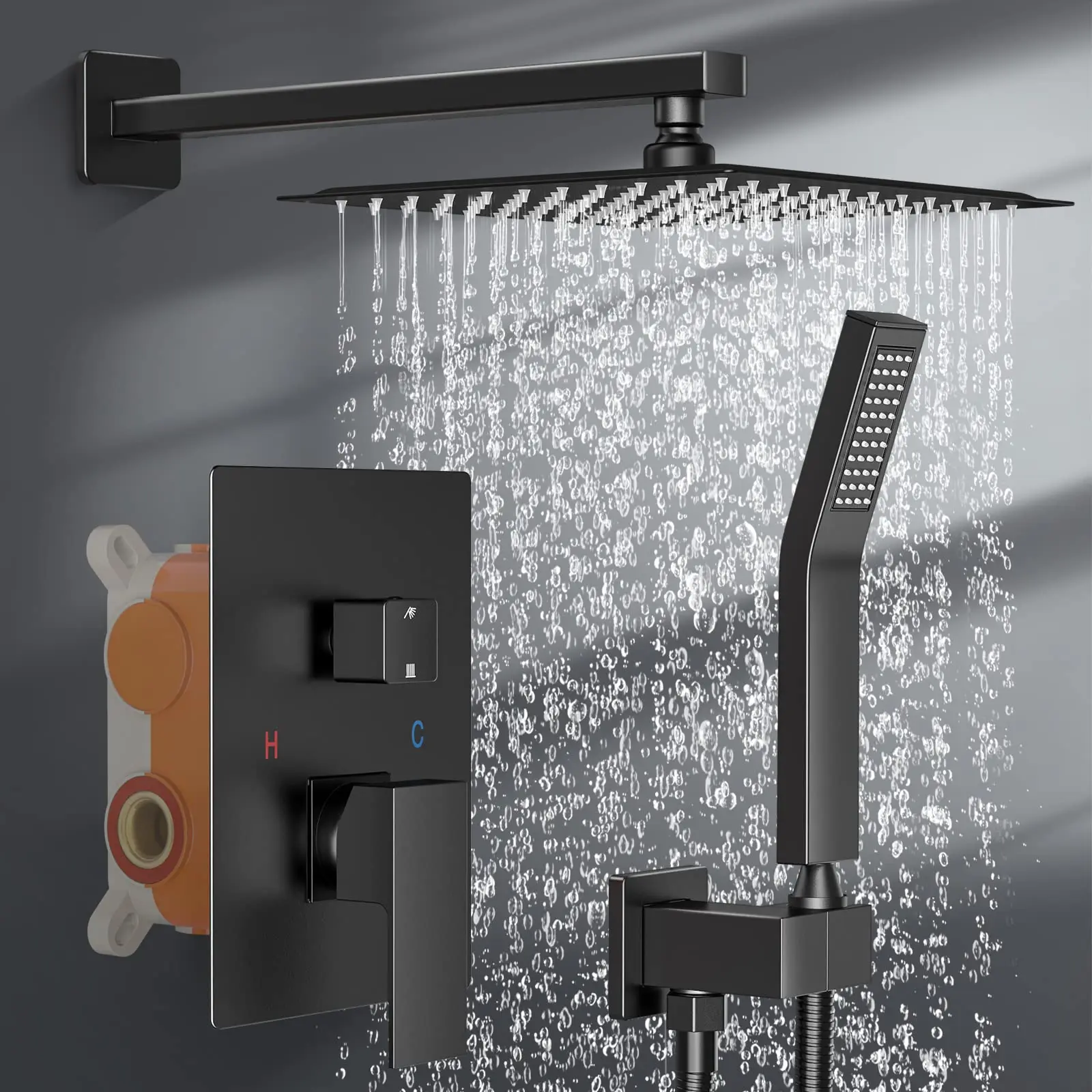 

Shower Faucet Set 12" Black Rain Head Ceiling Mount with Handheld Spray High Pressure Bathroom Mixer Wall MountedRough-in Valve