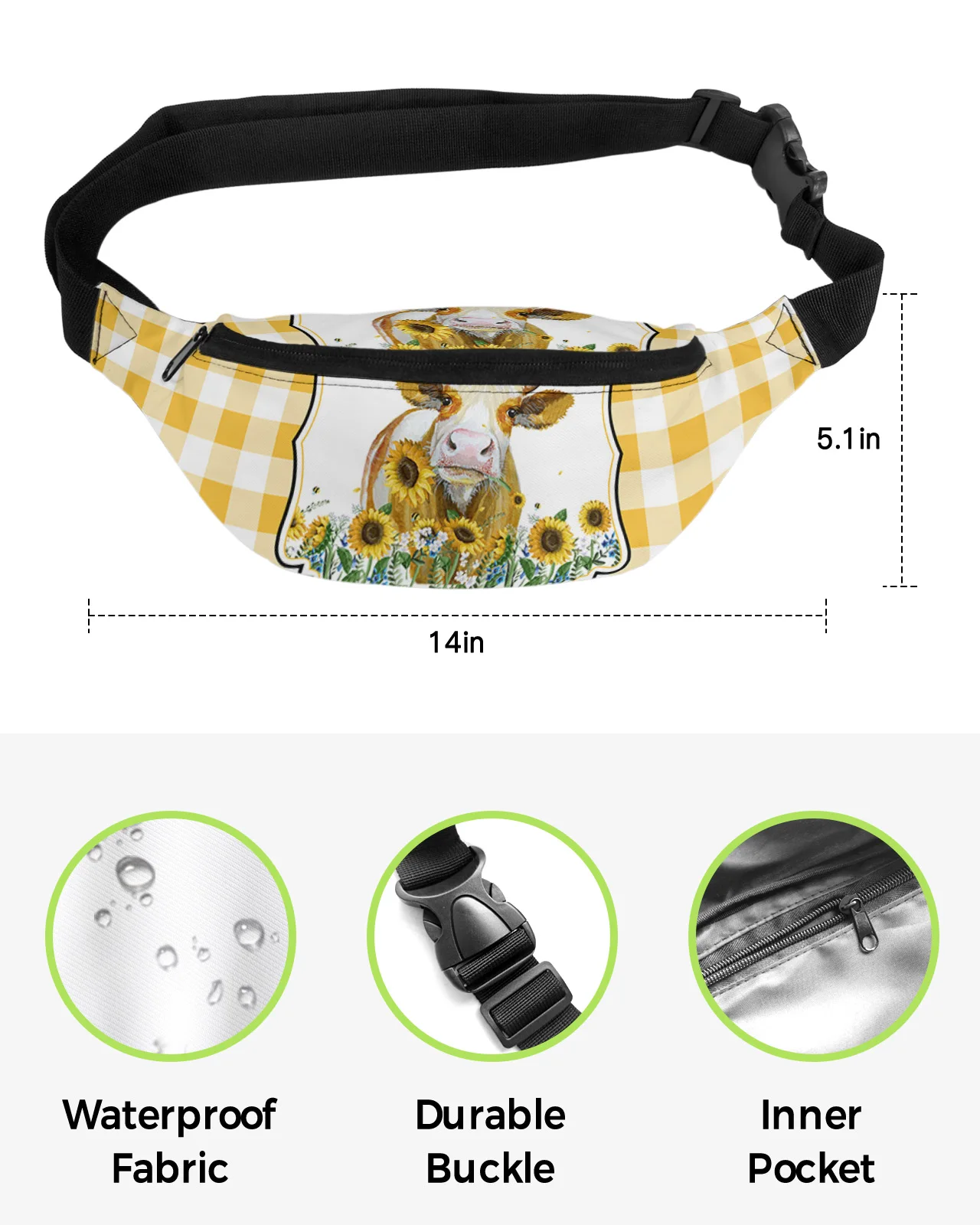 American Country Style Farm Cow Sunflower Yellow Plaid Men Women Waist Bag Fanny Pack Belt Bag Wallet Waterproof Banana Hip Bags