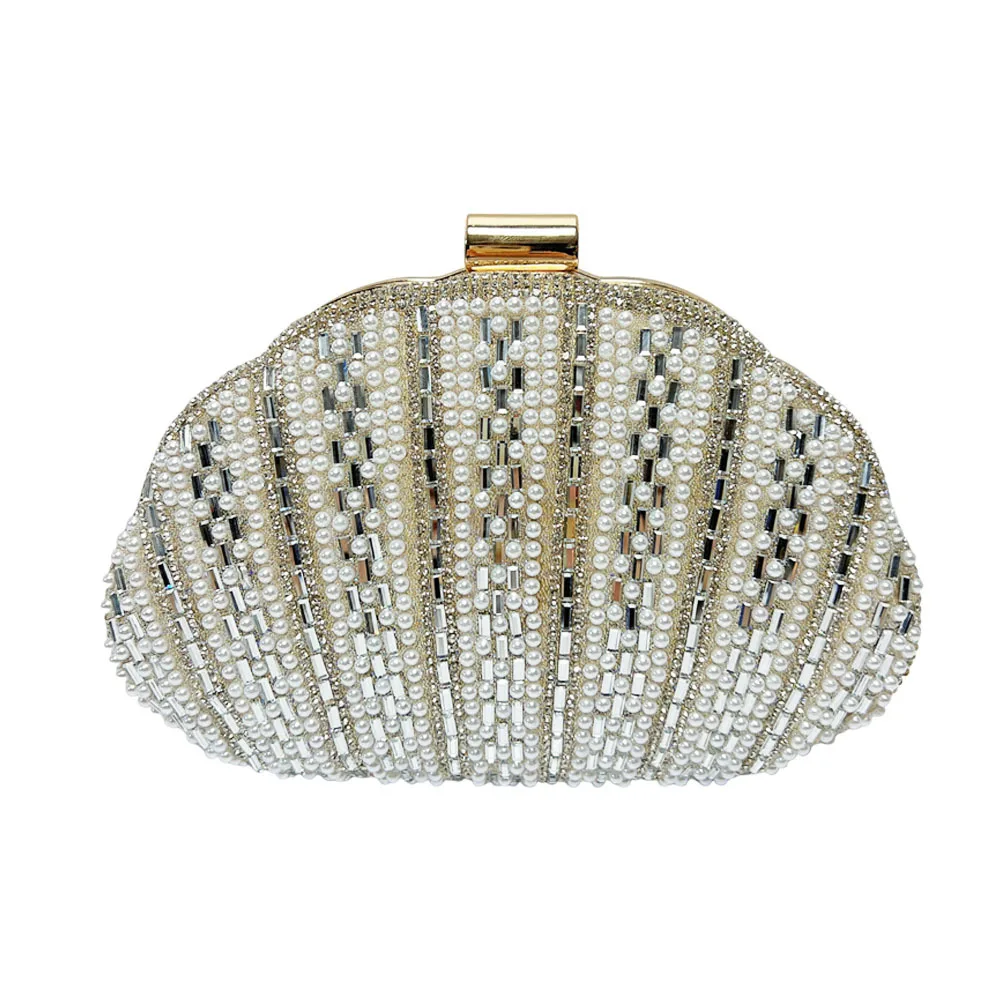 Ivory White Shell Rhinestone Beaded Clutch Bag Rectangle Metal Lock Crystal Evening Handbag Elegant Formal Wedding Purse Ladies