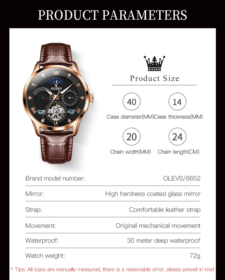 OLEVS Skeleton Flywheel Original Mechanical Wristwatch for Men Fashion Leather Strap Moon Phase Man Watch Luxury Automatic Watch