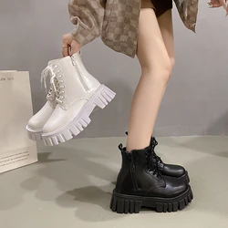 2024 White New Women Ankle Boots Autumn Winter Platform Zipper Women Punk Boots Thick Sole Lace Up Combat Booties Female Mujer