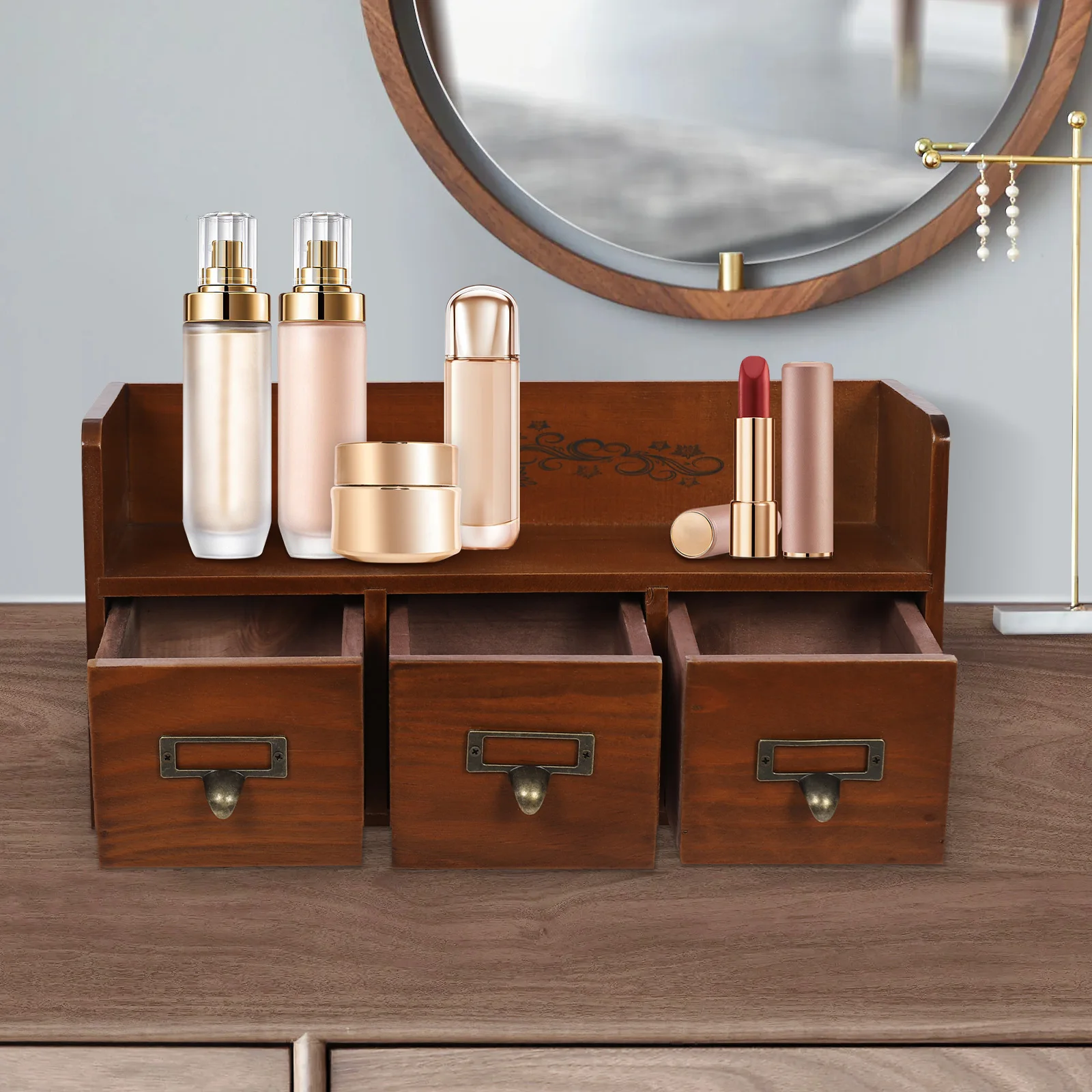 Organizer da Scrivania Vintage in Legno con 3 Cassetti e Ripiano Superiore, Contenitore per Ufficio, Cosmetici, Gioielli e Cancelleria