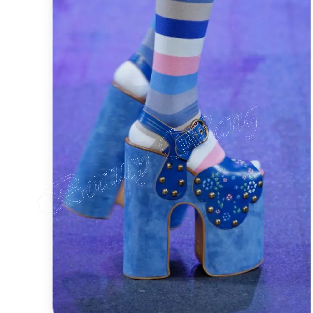 

Blue Wedges Heel Rivet Decor Sandals Platform Chunky High Heel Shoes for Women High Heels Fashion 2023 New Zapatos Para Mujere