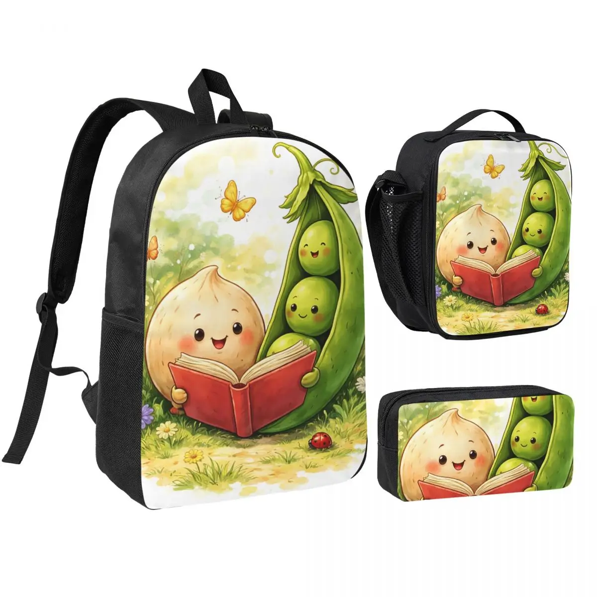 Vibrant In Color Cute Pea Pattern Backpack Student BookBag School Bag Shoulder Bags 3ps Insulated Lunch Bag Pencil Case