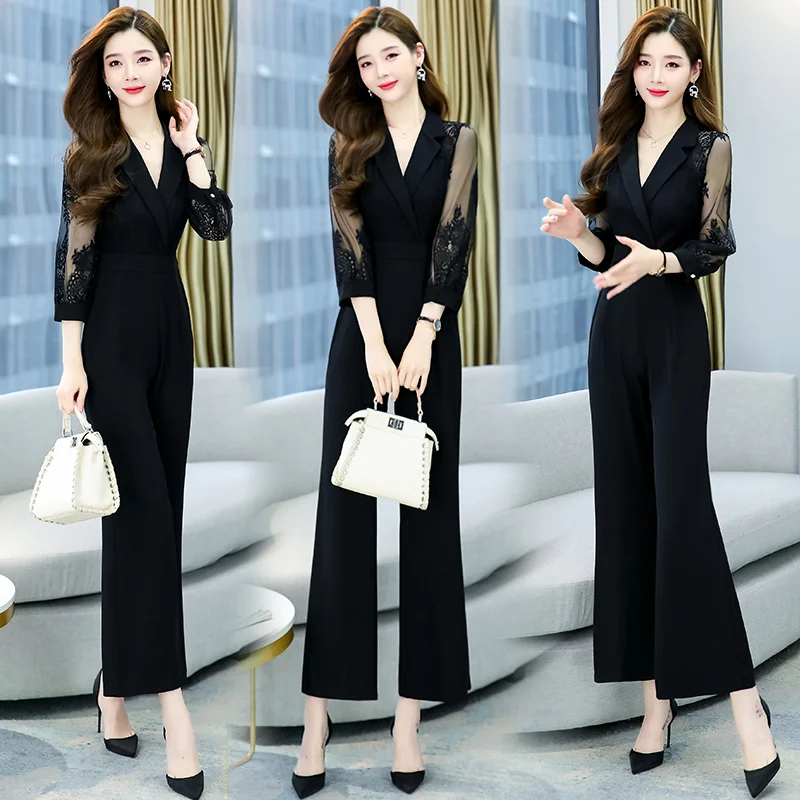 

Top Quality Women Lace Jumpsuits Spring Fashion Notched Long Rompers Lady Lace Patchwork High Waist Wide Leg Pants Playsuits