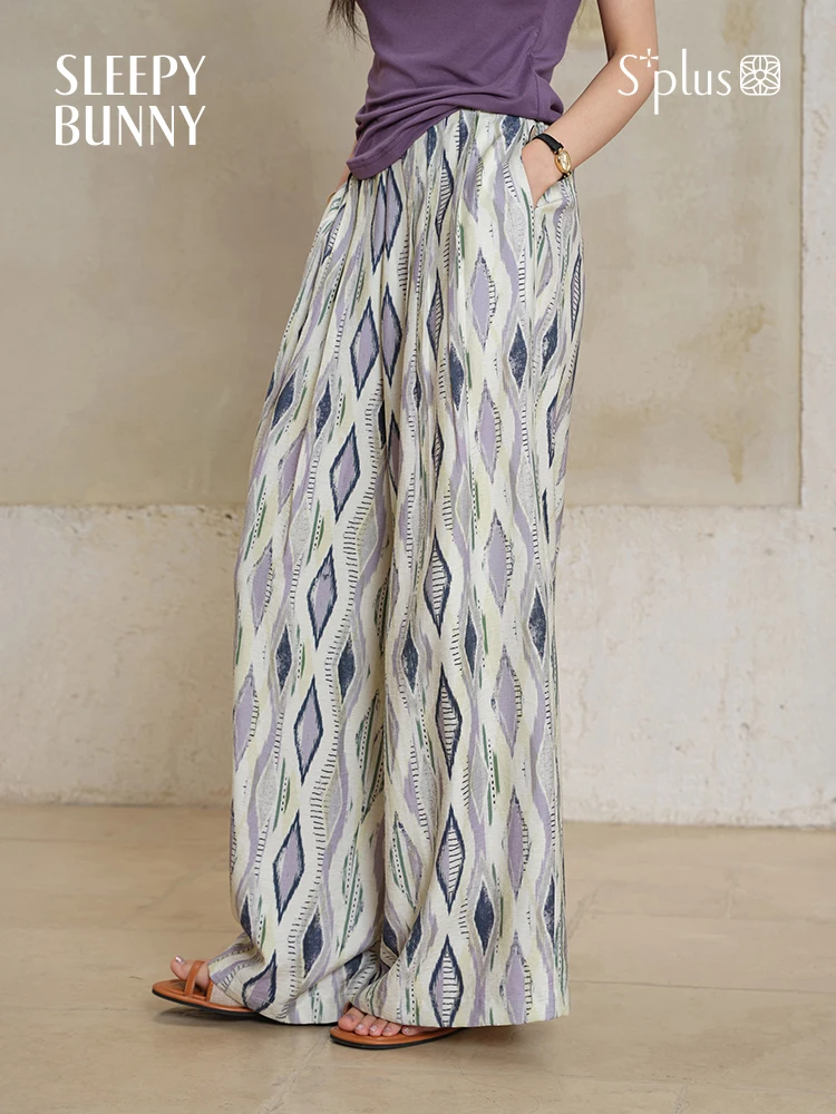 

Vintage Loose Wide Leg Pants Women Summer Relaxed Trousers High Waist Resort Geometric Print Casual Flowing Long Palazzo Bottoms