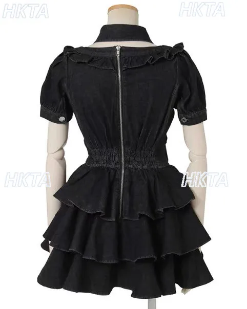 Japanese liz removable collar waist cake denim dress short skirt autumn new short-sleeved dress sweet girls lolita two piece set - view 6