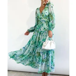 Sukienki damskie Tummy Control Bohemian Dress Ruffle Sleeve V Neck Floral Summer Flowy Maxi Dress