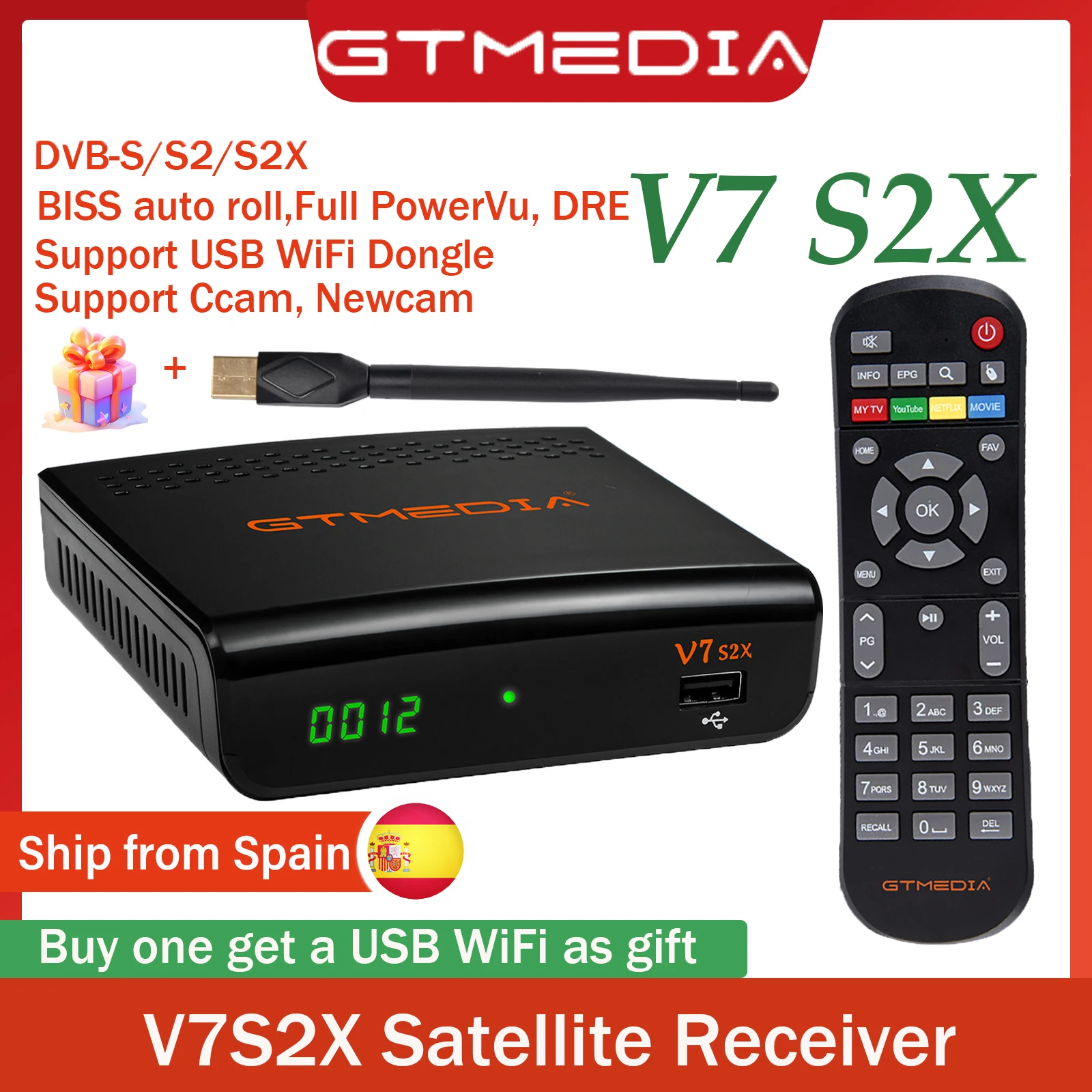 Receptor de satélite GTMEDIA V7 S2X 1080P DVB-S/S2/S2X con soporte USB WiFi Ccam, Newcam VCM/ACM/multi-stream/T2MI /PLS