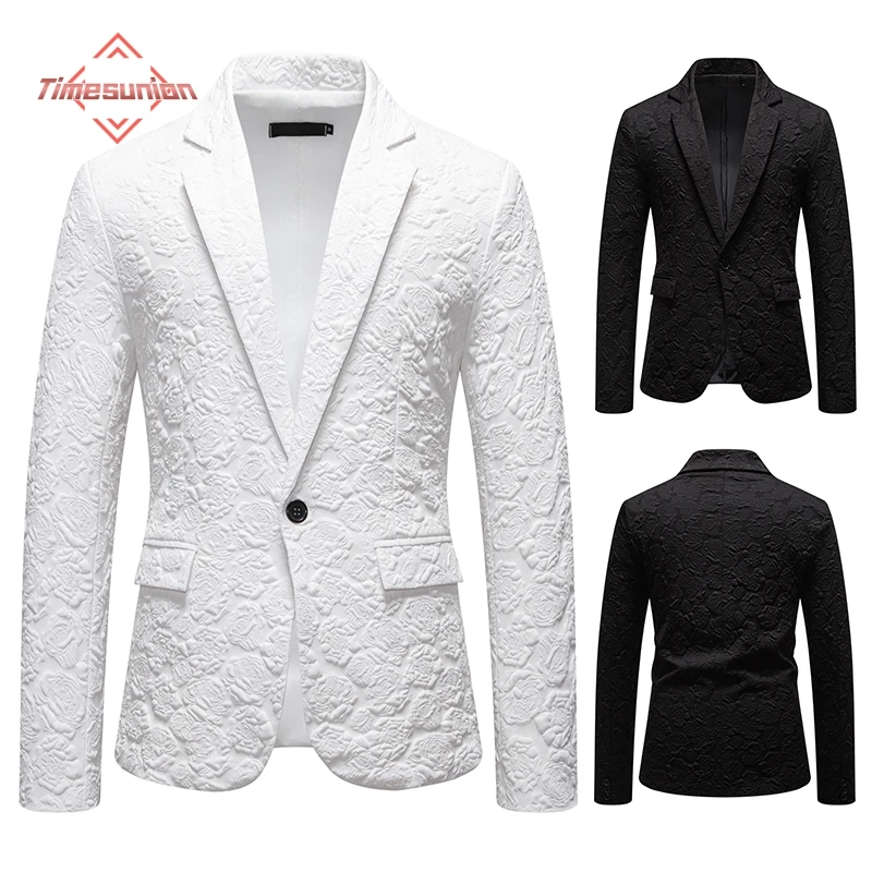 

New Men Rose Suit Jacket Black White Fashion Male Business Wedding Party Dress Blazer Coat