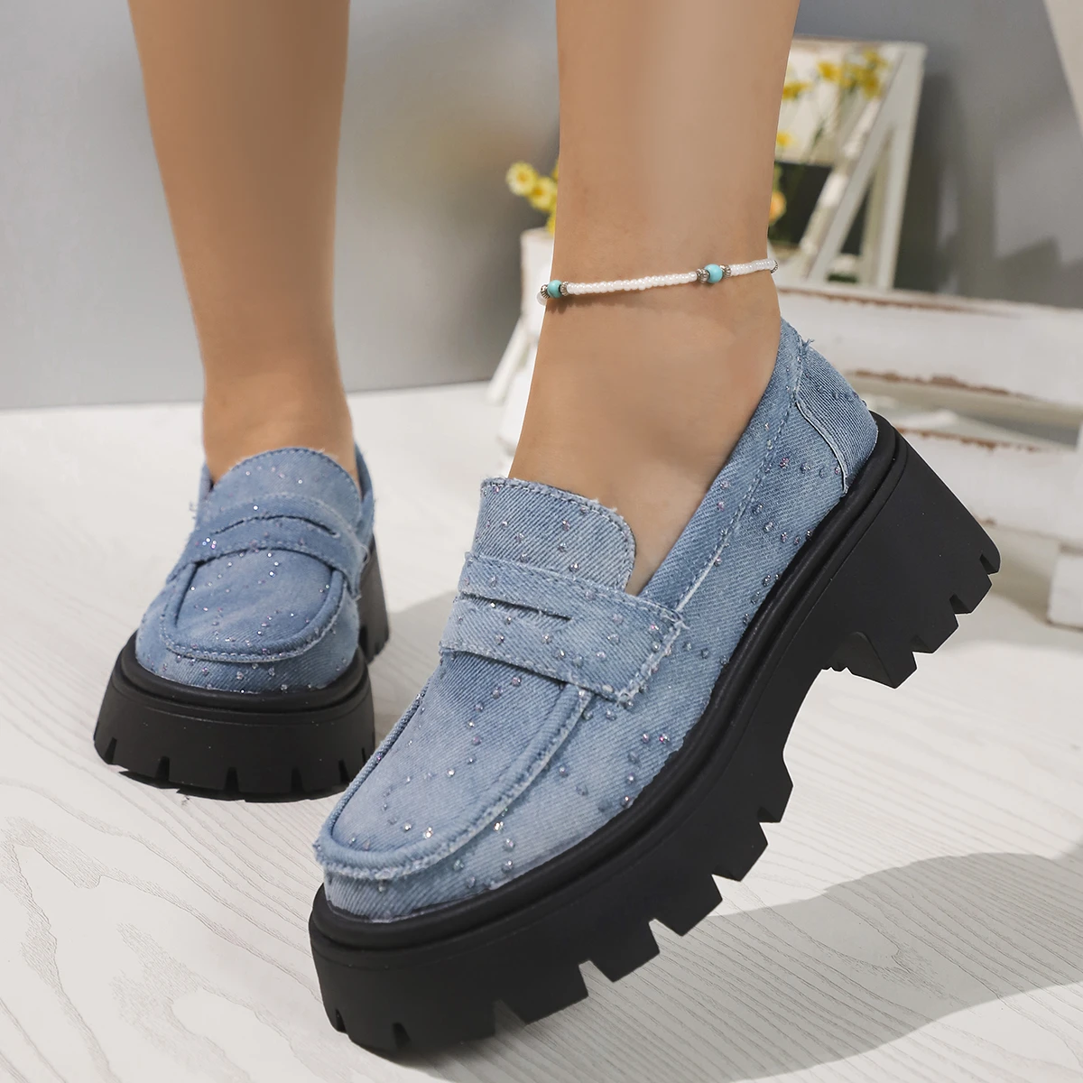 Rimocy 2024 New Women Chunky Heels Loafers Fashion Crystal Slip On Platform Shoes Woman Gothic Thick Bottom Shallow Denim Pumps