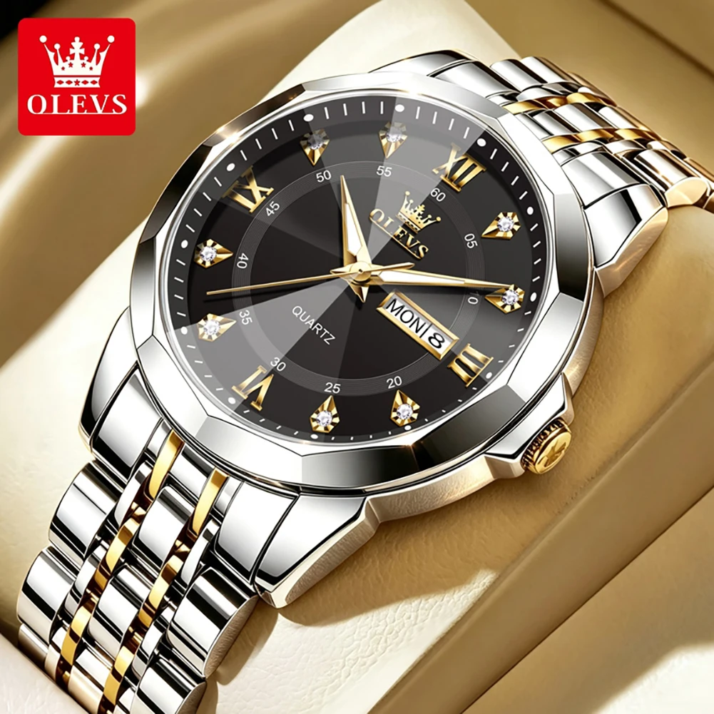 OLEVS Original Fashion Rhombus Mirror Quartz Watch for Men Stainless Steel Waterproof Week Date Watch Business Men's Wristwatch