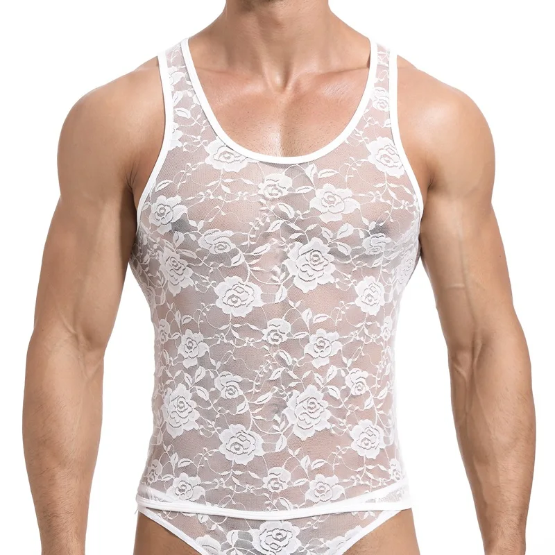 Men Floral Transparent Mesh Lace Tank Crop Top Sexy See-Through Sheer Lingerie Sleeveless Vest Elastic Fitted Singlet Sleepwear
