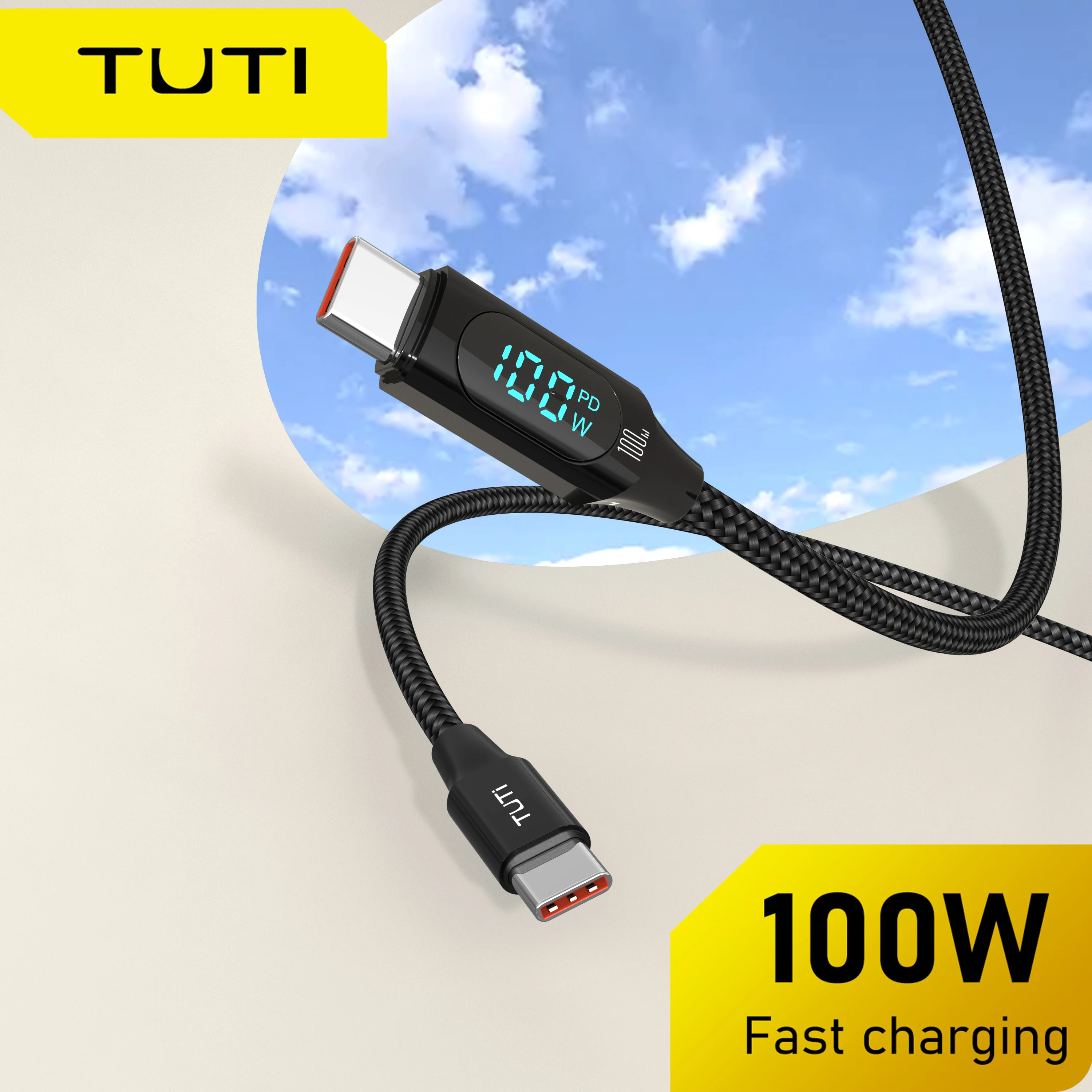 كابل شحن سريع TUTI 100 وات USBC إلى USBC، كابل مضفر من النايلون بشاشة عرض رقمية مناسب لهاتف iPhone 15/15 Pro/15 Plus/15ProMax