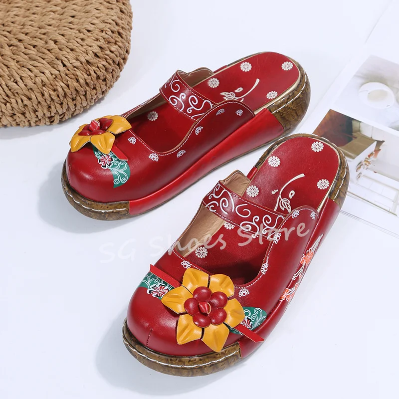 Women Enthnic Style Flowers Decor Chunky Bottom Slippers Summer Leisure Shoes Mixed Color Prints Sandals Ladies Beach Shoes