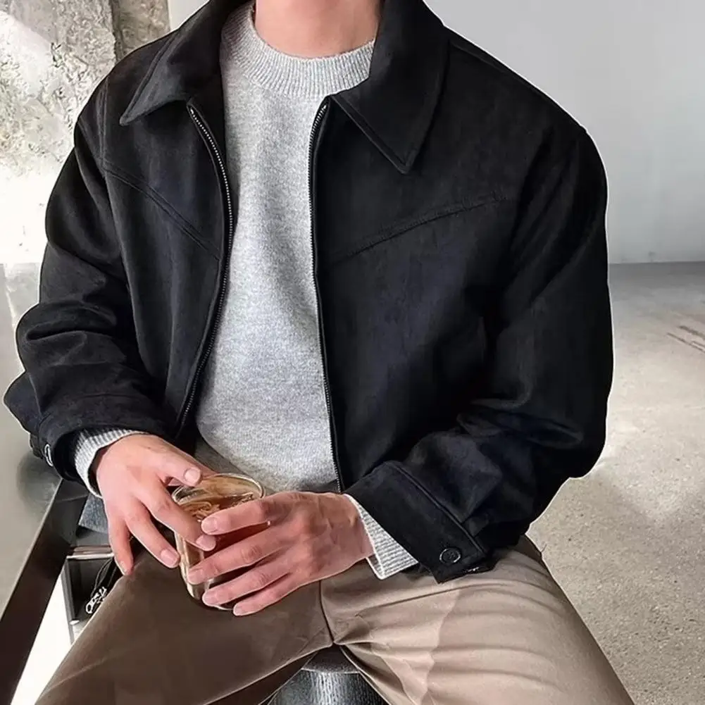 

Simple Design Men Outerwear Stylish Men's Lapel Zipper Jacket with Pockets for Street Office Wear Long Sleeve Solid for Daily