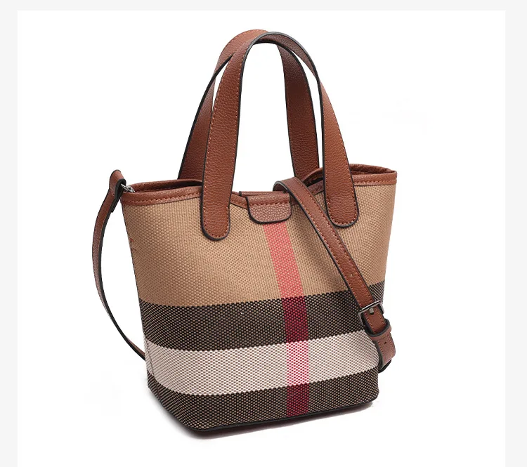 

Versatile 2025 Women’s Shoulder Bag, Spacious Plaid Canvas Bucket Tote, Multi-functional Convertible for Work & Leisure