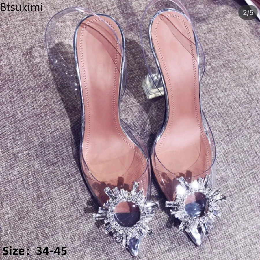 Summer Lady Transparent PVC Slingback Heels Pointed Toe Crystal Rhinestone Sunflower Buckle Clear Heel Sandals Party Pumps Shoes