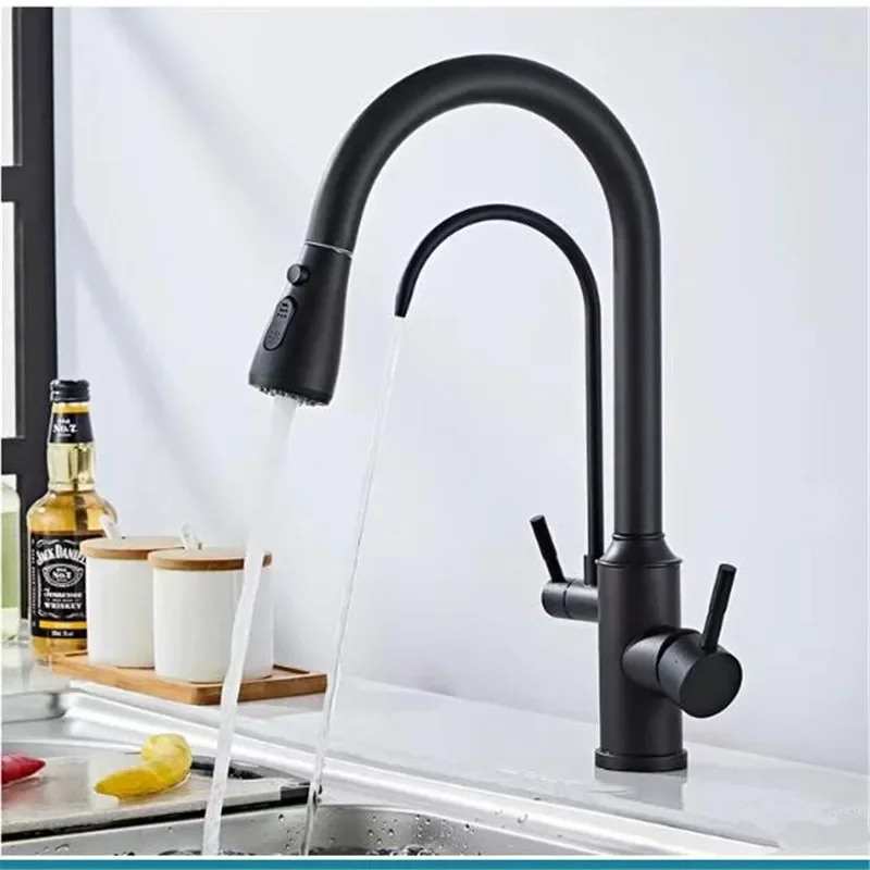 

Black Pull Out Kitchen Faucet Water Filter Tap Brass Crane For Deck Mounted Sink Mixer 3 Way