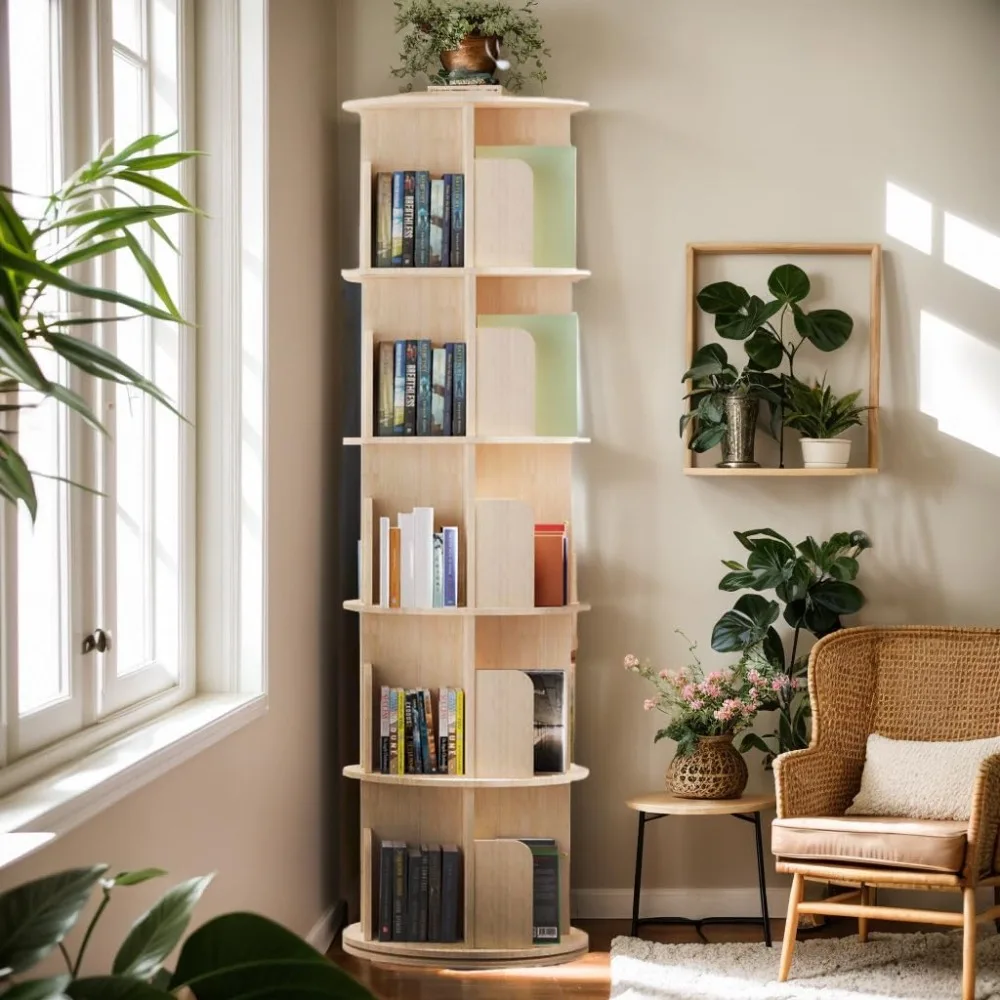 Bibliothèque d'angle de tour rotative pour petit espace, bibliothèque en bois à 5 niveaux, étagère de rangement, affichage 360, T1