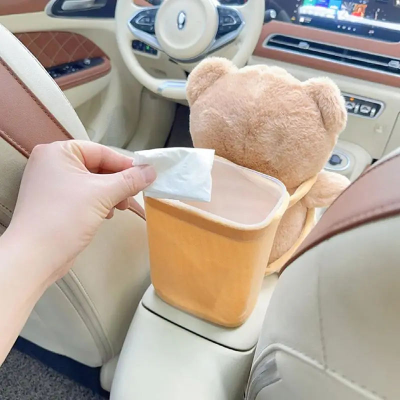 Car Tissue Boxes Bear/Rabbit Plush Trash Bins Cute Interior Trash Car Storage Bucket Female Umbrella Key Phone Storage Box