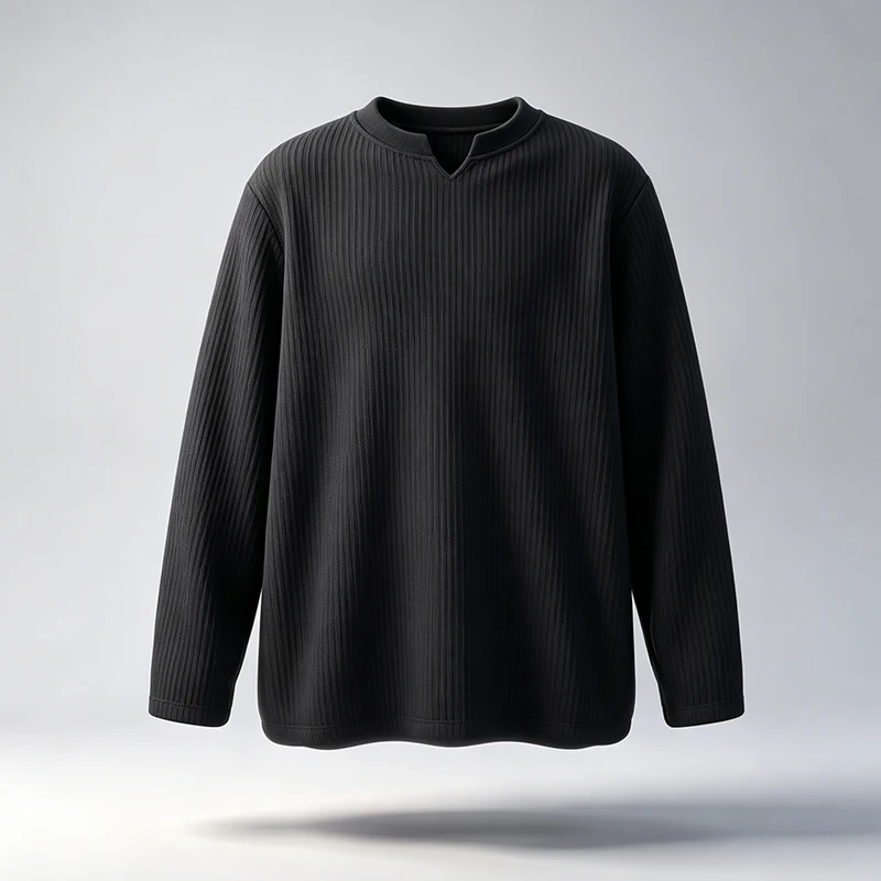Herren-T-Shirt mit V-Ausschnitt, langen Ärmeln, vertikalen Streifen, geripptem Stoff, lockerer Passform, bequem, lässig, Basic-Oberteil für Herren. – Detail 5