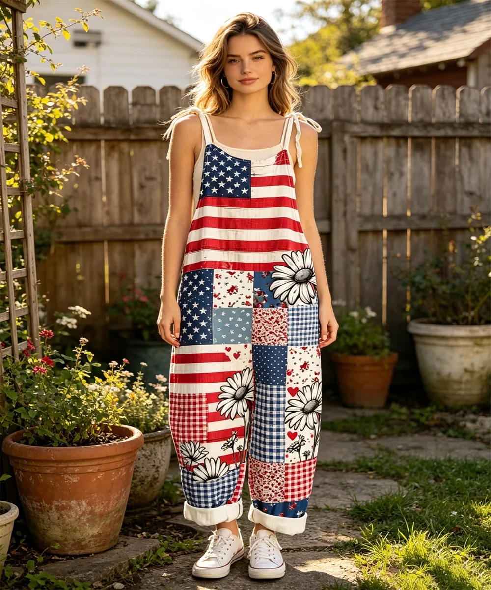 2026 Women's New Red, White, Blue Large Block Splicing Printed Comfortable jumpsuit, Off Shoulder Sleeveless Loose jumpsuit