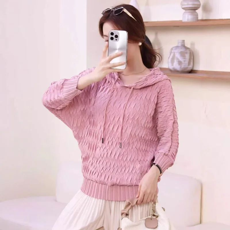 Miyake Giacca con cappuccio a pieghe Donna 2026 Primavera Piega allentata Moda Premium Feeling Felpa Peplo Slim Casual Pieghe Nuove magliette