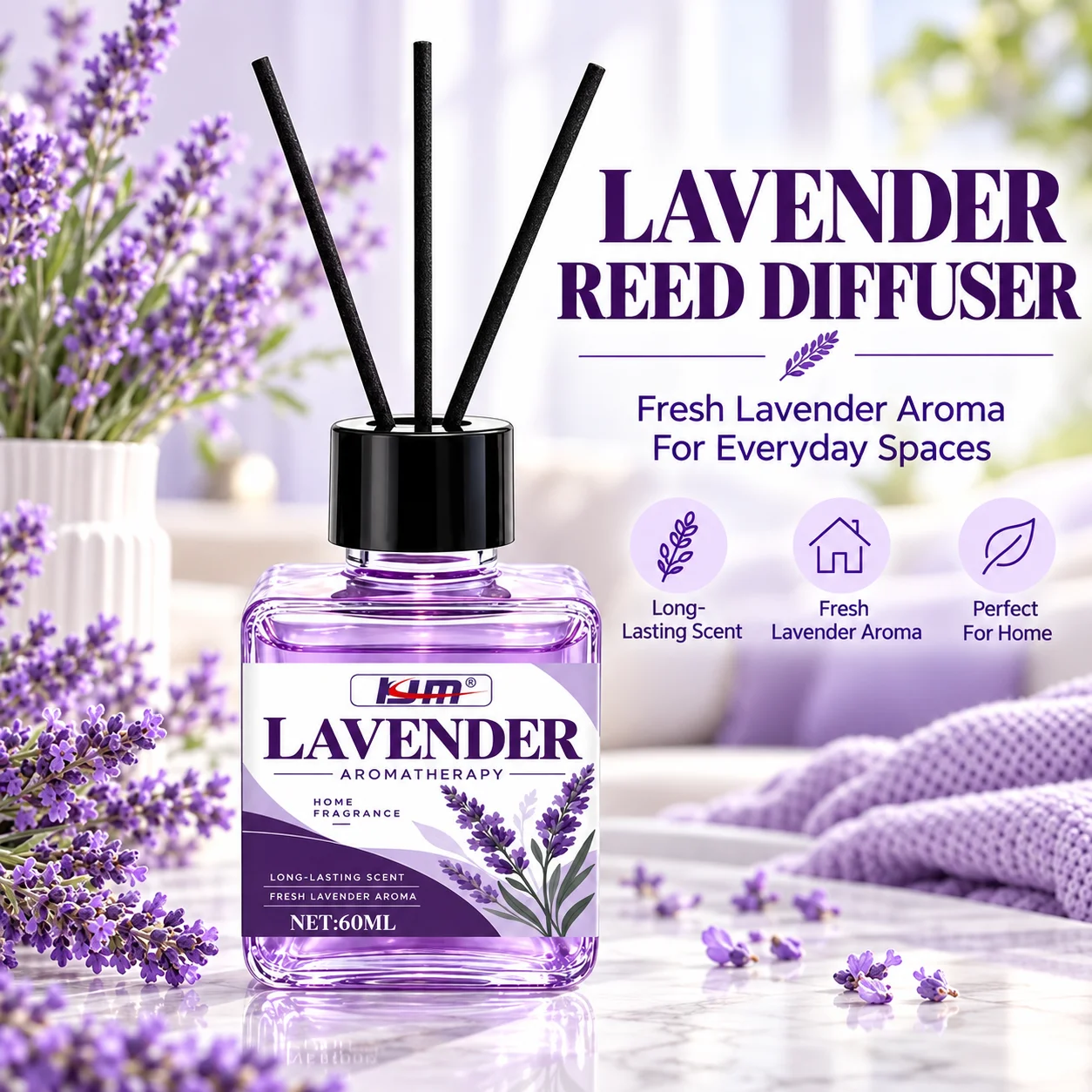 KJM Lavender Reed Diffuser 60ML Home Fragrance Aromatherapy Oil Long Lasting Scent Room Freshener Decorative Aroma