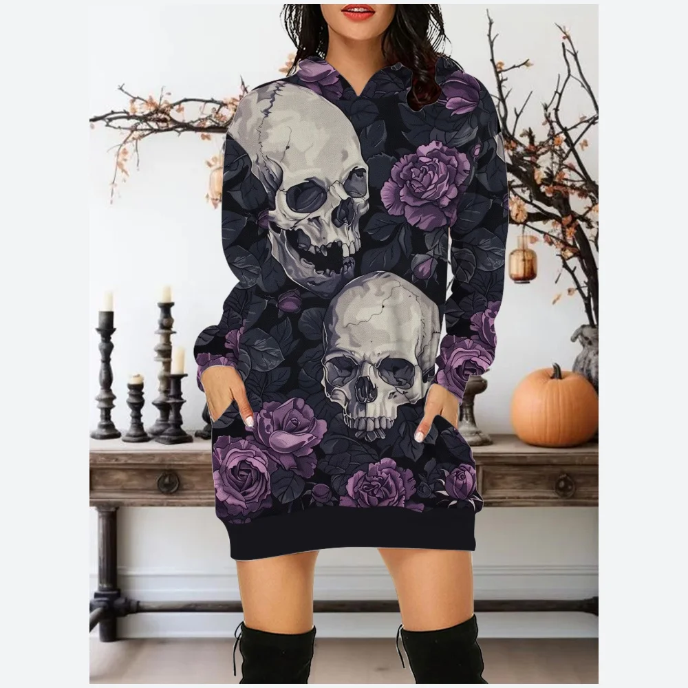 Halloween Clothes Long Sleeve Hoodies&Sweatshirts For Women Halloween Skull And Rose Print Party Sweatshirt Hoodie Mini Dress