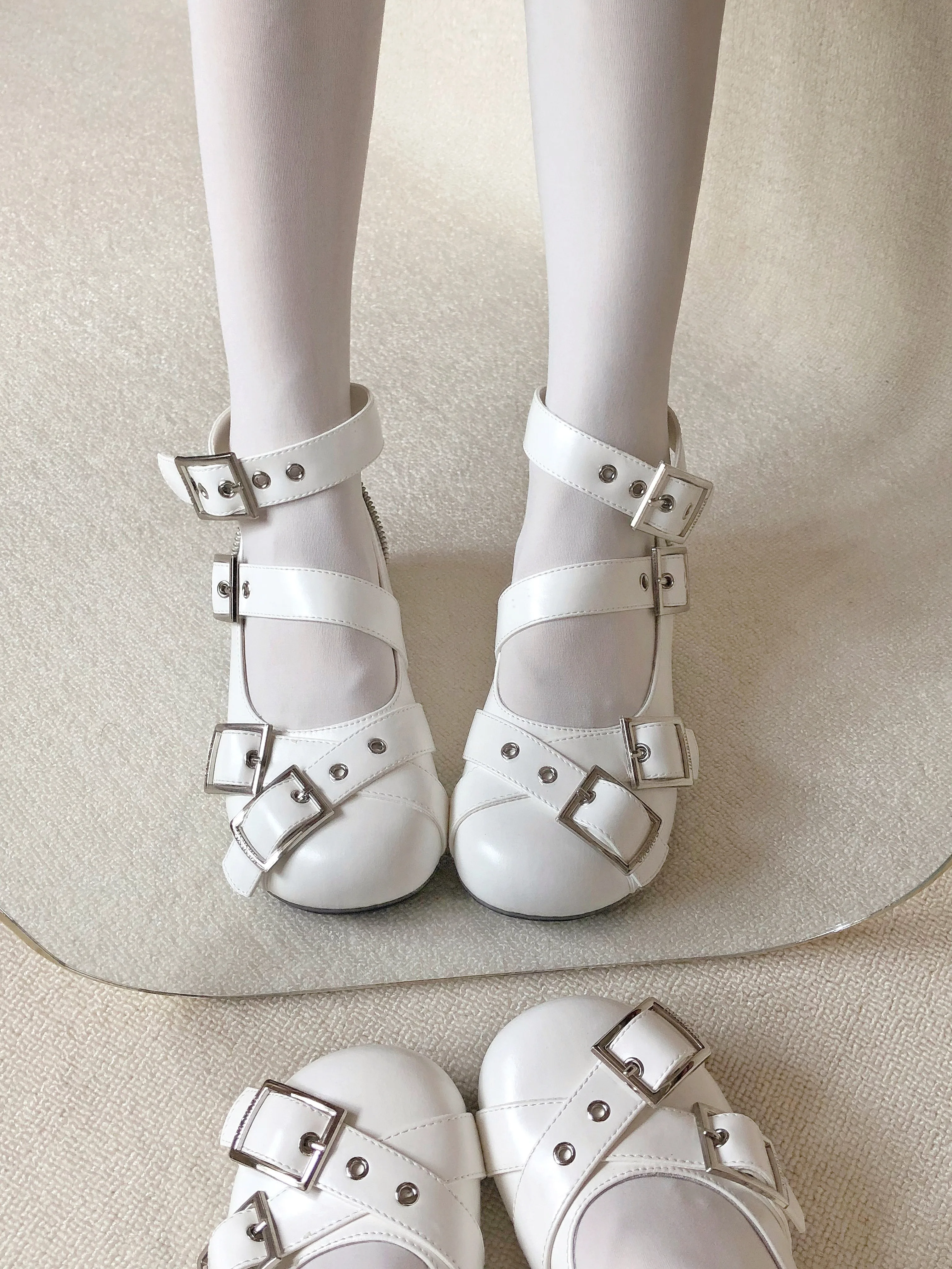 Devil Intern Genuine Leather White Gururu Original Gothic Round Head Mary Jane Low Heel Shoes Lolita Girls Single Shoes