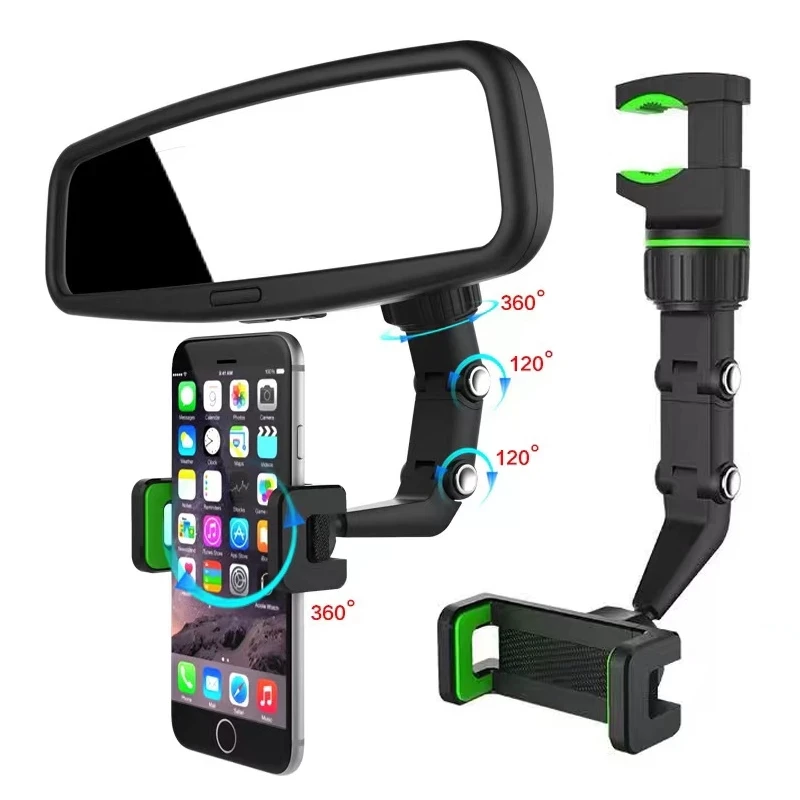 Car Phone Holder Multifunctional 360° Rotatable Rearview Mirror Smartphone Holder Adjustable Telescopic Stand Phone Holder Car