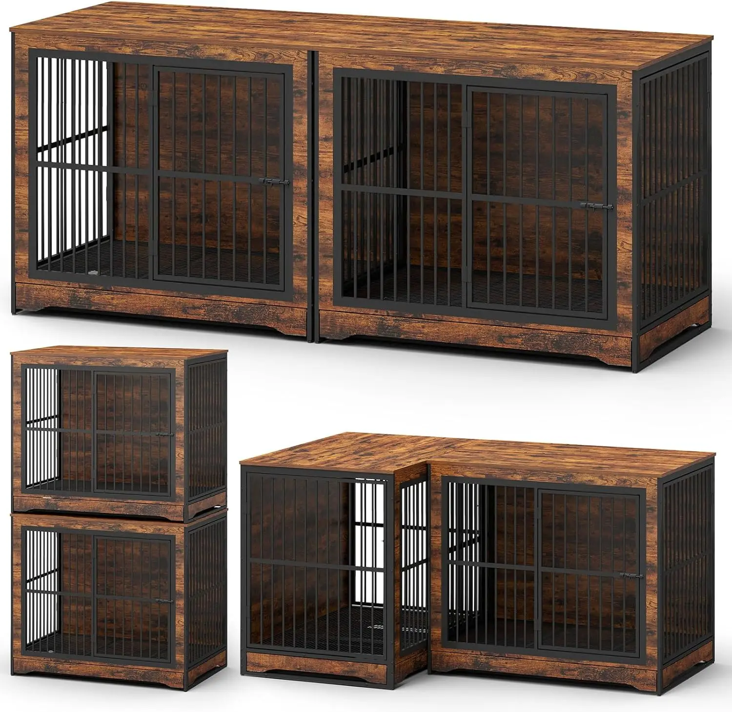 

86 Inch DIY Double Dog Crate Furniture, 4 Combination Forms Large Dog Kennel Furniture with Divider and Trays, for 2 Dogs