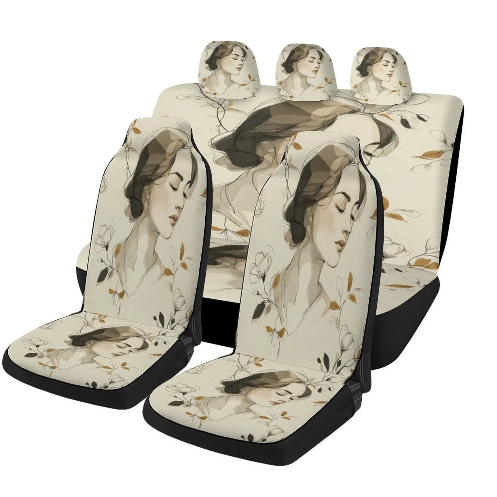 Floral Portrait Designed Car Seat Covers Set For Most Cars, Trendy Breathable Decorative Car Seat Protector Covers Full Set, Ca