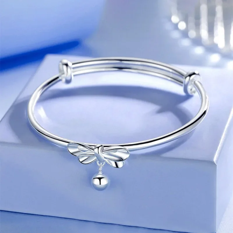

Nice 925 Sterling Silver Love Bangle Cuff Bracelet Bow Bead Charms Jewelry For Women Wedding Adjustable Size