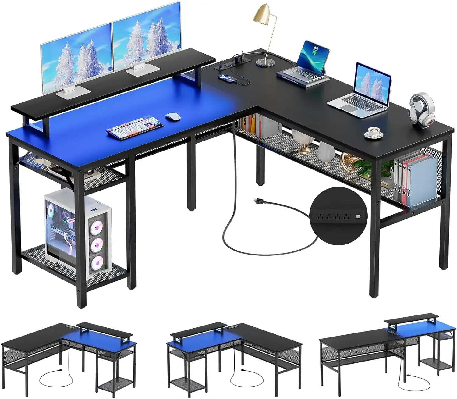 Unikito L Shaped Desk, Reversible Corner Computer Desk with Magic Power Outlets and Smart LED Light, Unique Grid Design, 55 Inch