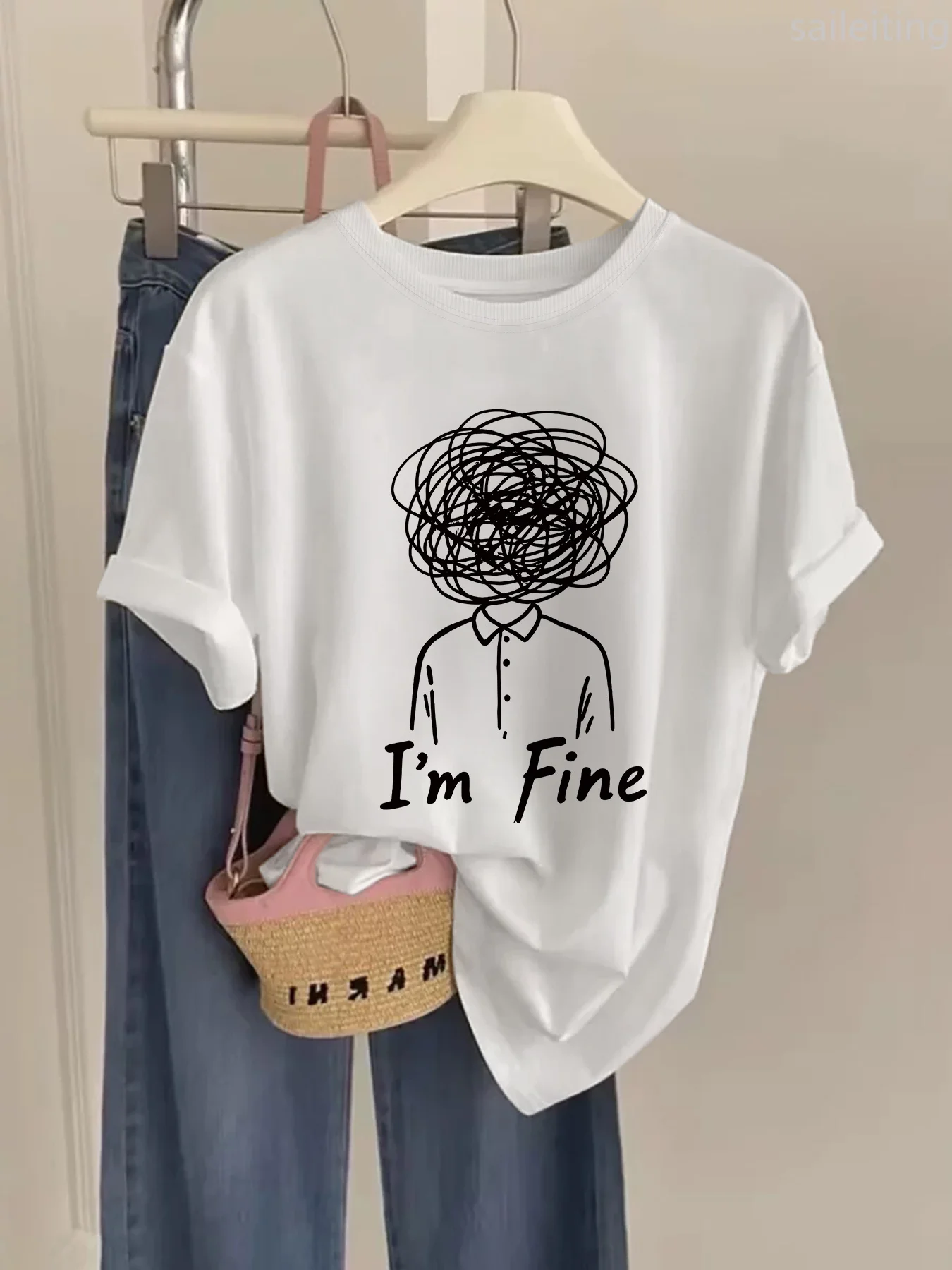 “Im Fine" Graphic Printed Women's T-shirt Casual Short Sleeve Crew Neck Top Line Art Summer Harajuku Streetwear Women's Clothing