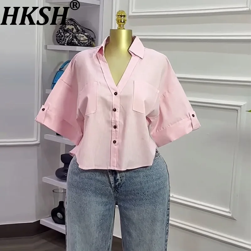 HKSH Wiosna Lato Nowa Damska Koszula z Kołnierzykiem, Zapinana na Guziki, z Kieszeniami, Uniwersalna Krótka Bluzka, Eleganckie Codzienne Top HK17241