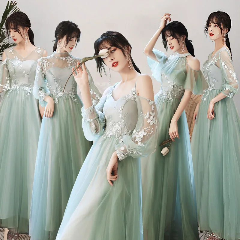 

Grey Green Tulle Bridesmaid Dress Women V-Neck Long Sleeves A-line Emobroidery Graduation Dresses Exquisite Elegant Choir Gown