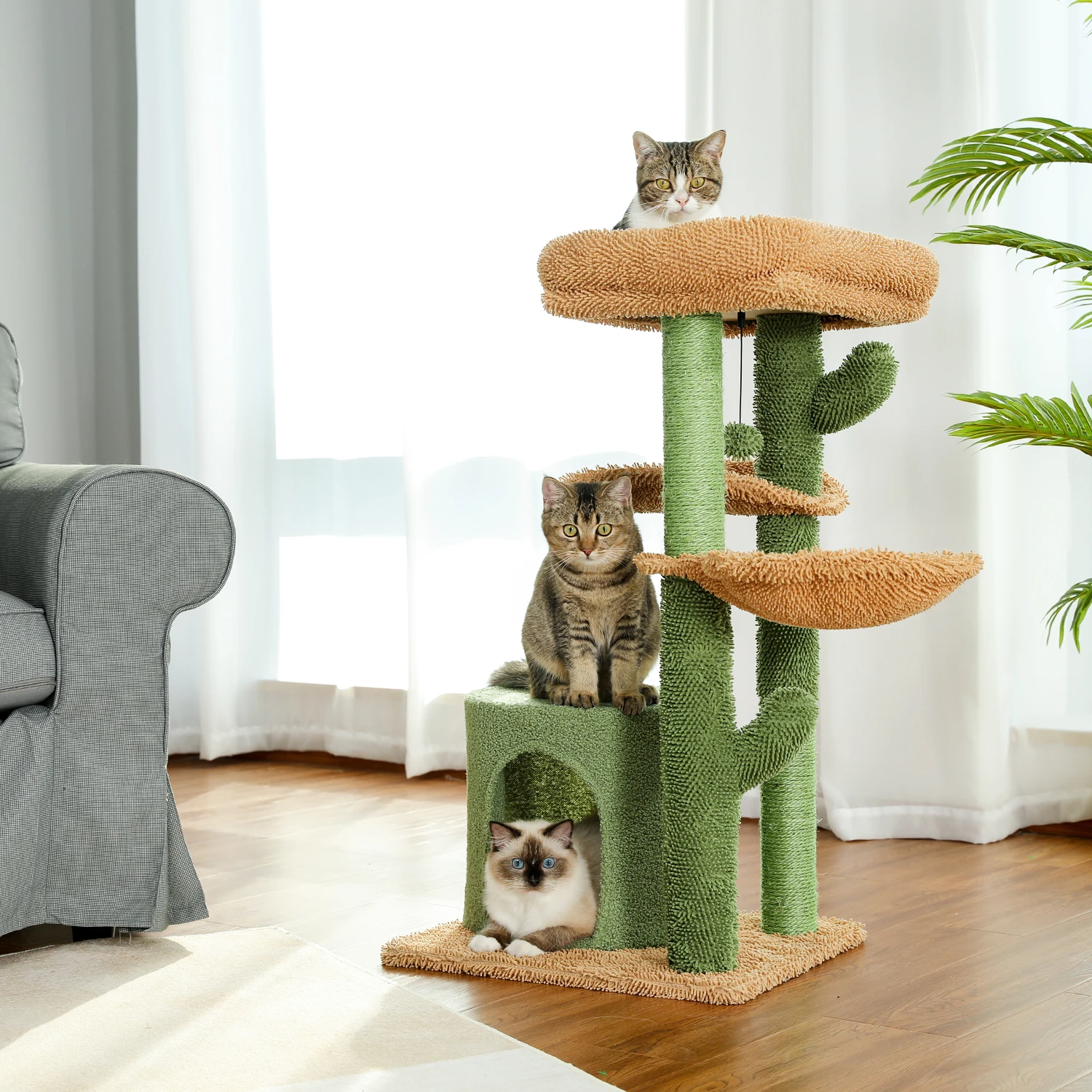 

Cat Tree Cactus Cat Tower Cat's House with Scratching Post Cute Play House Furniture with Condo Nest Mordern Pet Scratcher