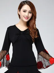 Pagoda Sleeve Long Sleeve Dance Tops For Women Lace V-Neck Latin Ballroom Dancewear Costume