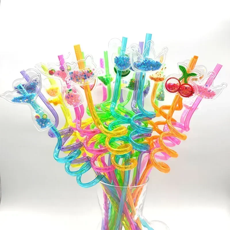 4/8pcs 26cm Cartoon Animals Straw Reusable Plastic Helical Drinking Straws Kid Birthday Fruit/Mouse/Cat Theme Party Decoration